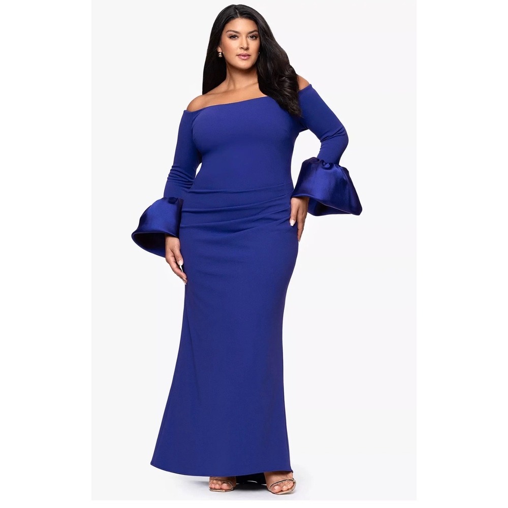 Betsy & Adam Royal Blue Off Shoulder Bell Sleeve Gown Dress 18W NEW